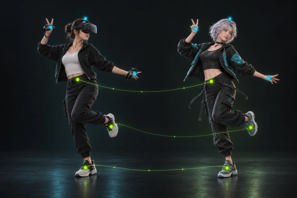 Illustration of a VR wearer and a full-body avatar in the same pose, with waist and both foot tracking points linked.