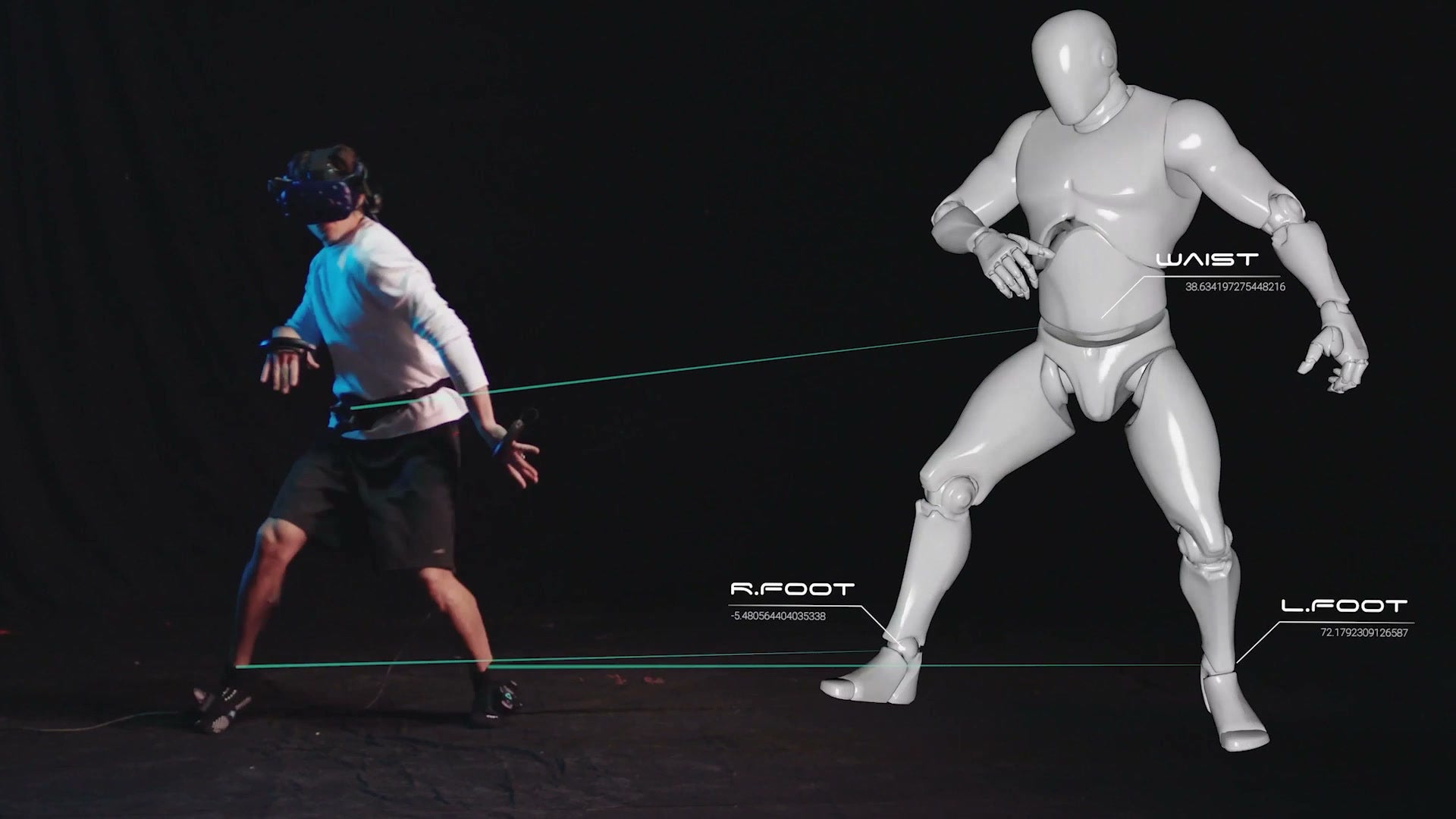 A real wearer and a tracking avatar in matching poses, from the official Rebuff demonstration
