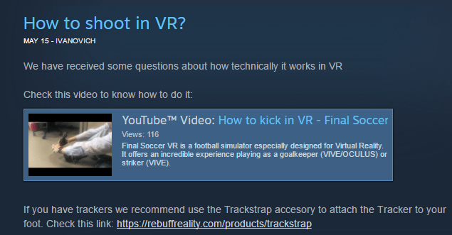 Final Soccer recommended with TrackStrap for the HTC Vive Tracker