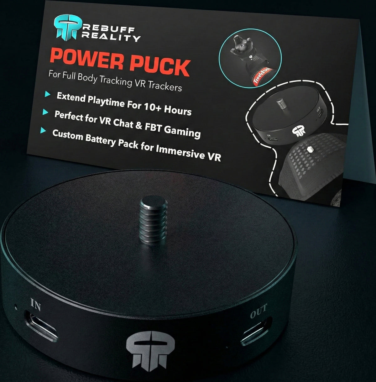 Black power puck with Rebuff Reality branding on a dark background
