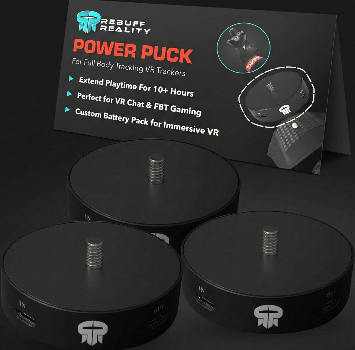 Three black power puck devices with Rebuff Reality branding on a dark background.