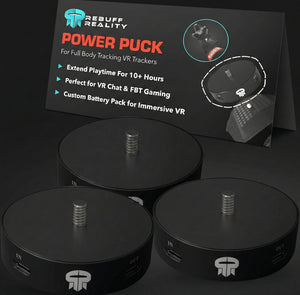Three black power puck devices with Rebuff Reality branding on a dark background.